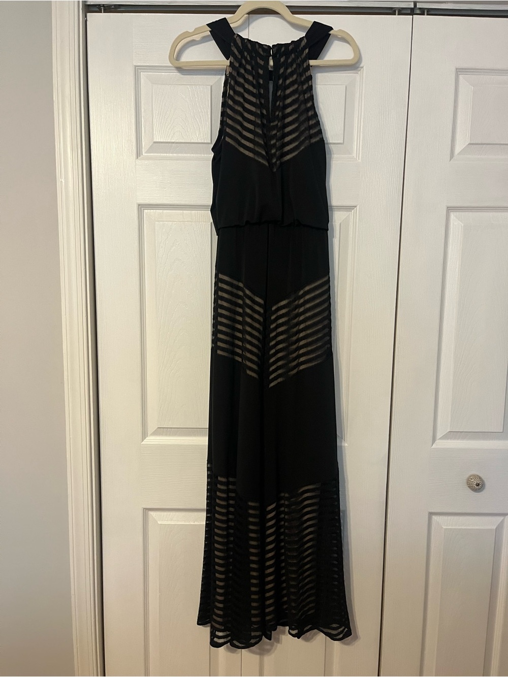 London Times Black Striped Sheer-Panel Maxi Dress